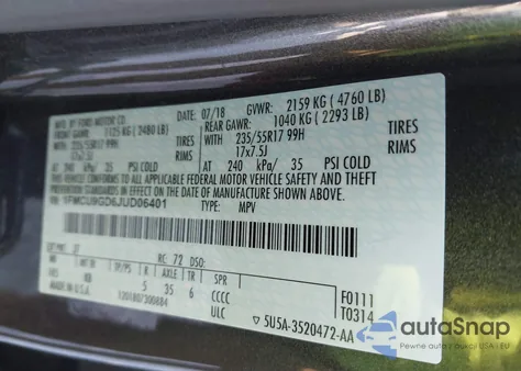 2018 Ford Escape Se z USA, uszkodzony, nr VIN 1FMCU9GD6JUD06401